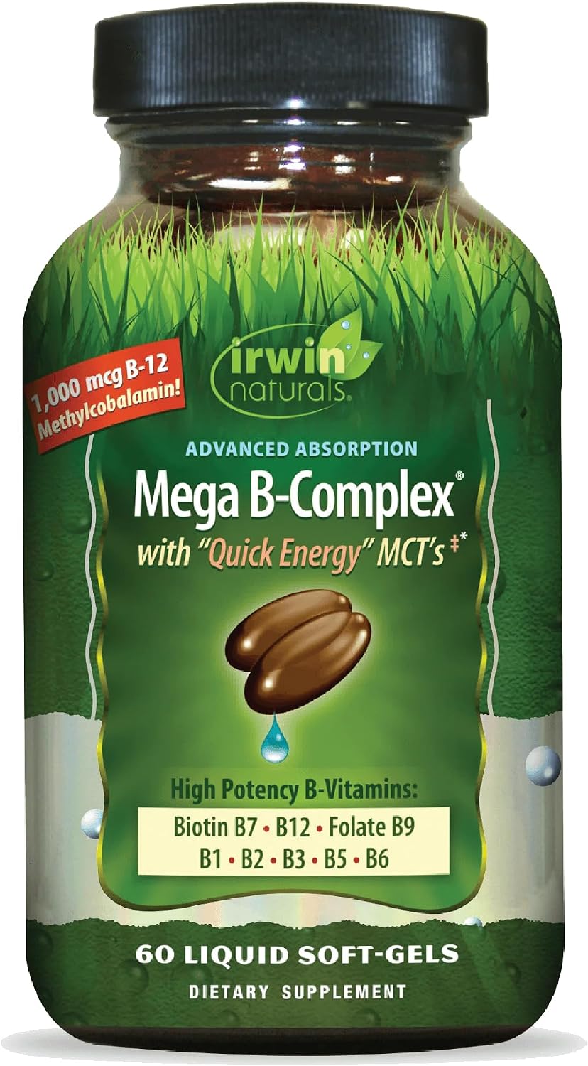 Irwin Naturals Mega B-Complex - 60 Liquid Softgels - Vitamin B Complex with Vitamin B12, Folate B9, Biotin B7, B1, B2, B3, B5, B6, and Rapid Energy MCTs - görsel 1