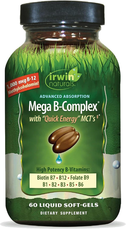 Irwin Naturals Mega B-Complex - 60 Liquid Softgels - Vitamin B Complex with Vitamin B12, Folate B9, Biotin B7, B1, B2, B3, B5, B6, and Rapid Energy MCTs