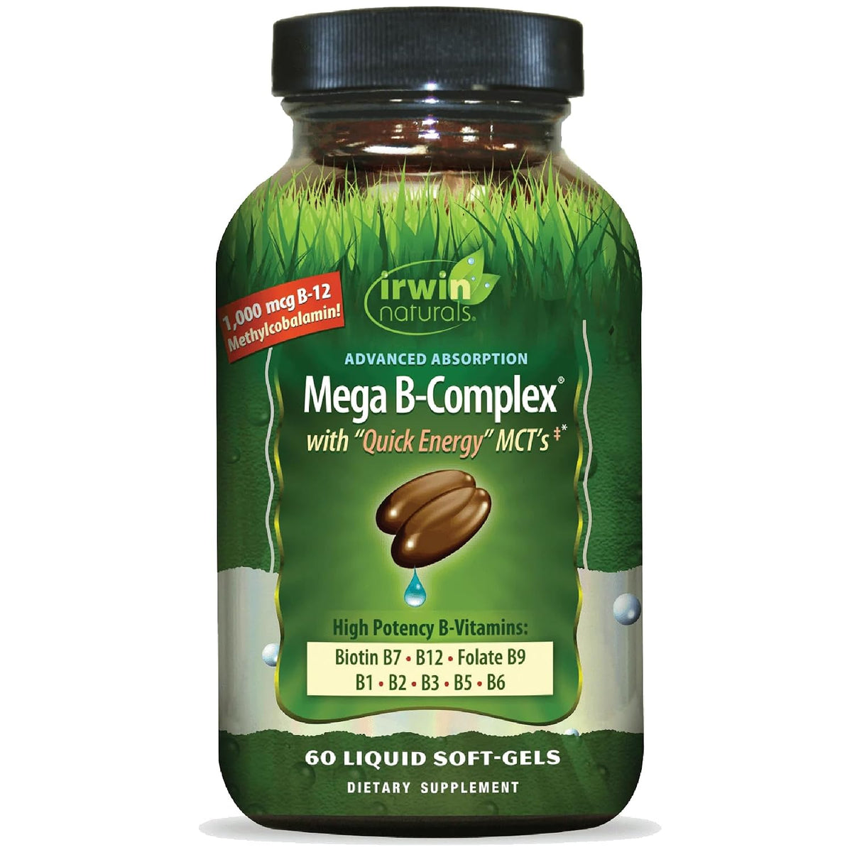 Irwin Naturals Mega B-Complex - 60 Liquid Softgels - High Potency B Vitamins with Methylcobalamin B12, Folate, Biotin, and MCTs for Quick Energy - görsel 1
