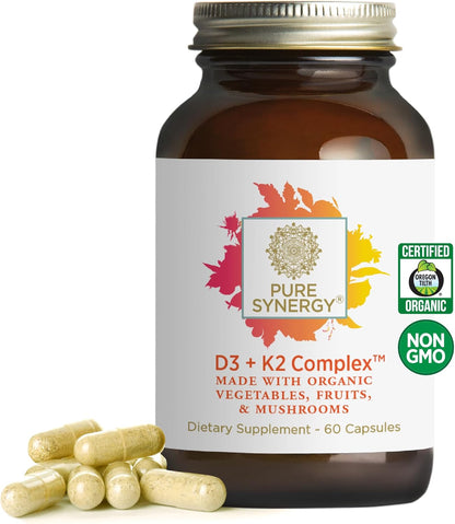PURE SYNERGY D3 + K2 Complex | Vegan Vitamin D3 K2 Complex | Organic D3 Supplement with Vitamin K2 and K1 Plus Organic Whole Foods | Supports Bone, Brain and Immune Health (60 Capsules)