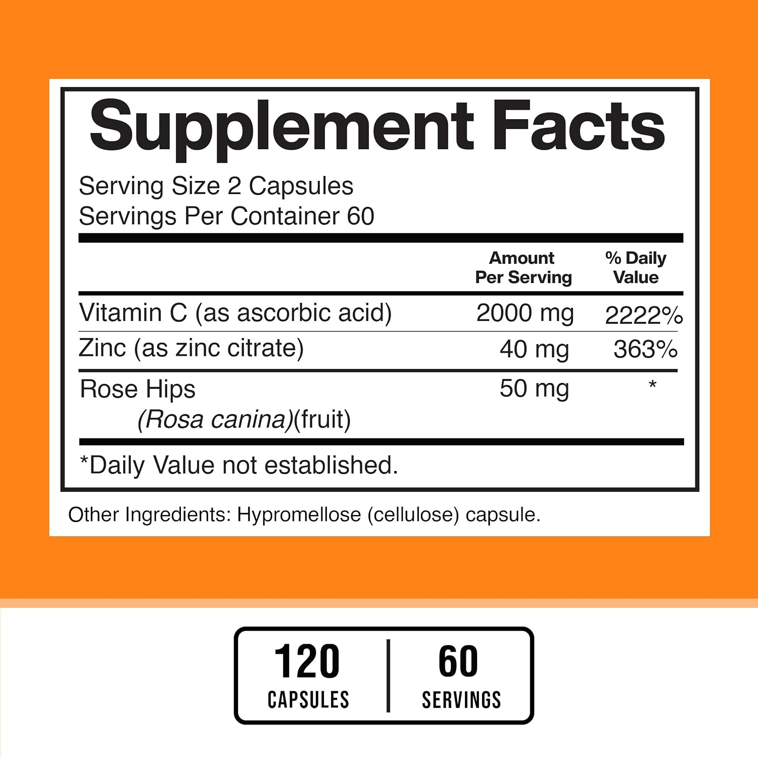 American Standard Supplements Vitamin C 2000mg, Zinc 40mg, and Rose Hips 50mg Per Serving, 120 Capsules - görsel 2