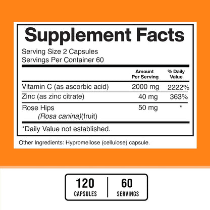 American Standard Supplements Vitamin C 2000mg, Zinc 40mg, and Rose Hips 50mg Per Serving, Vegan, Gluten-free, Non-GMO (120 Capsules)