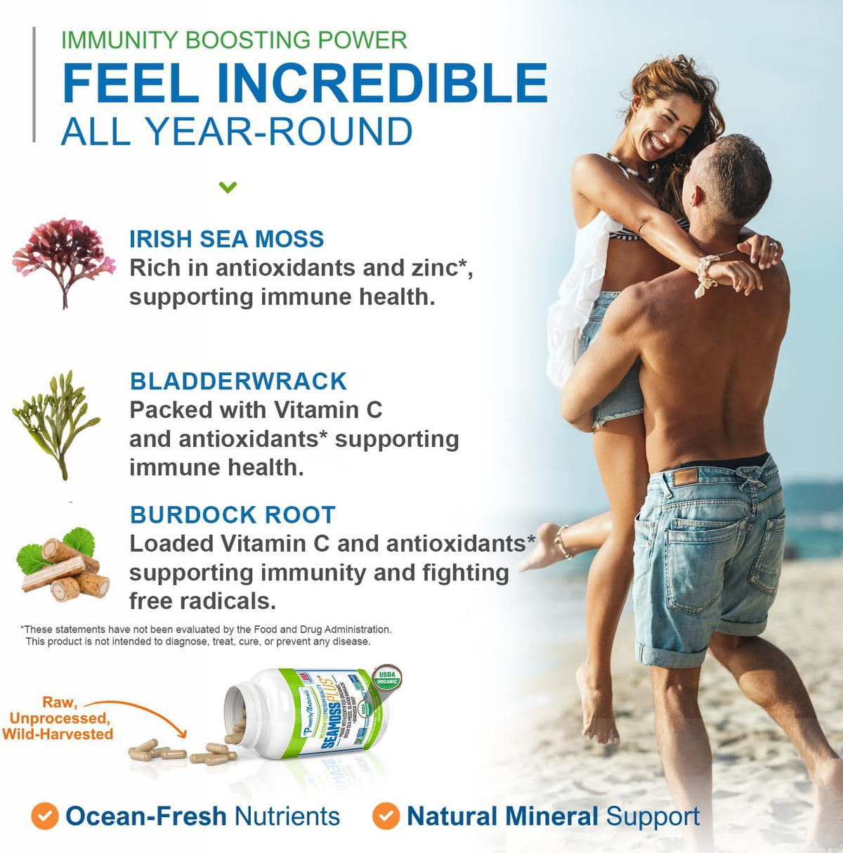 Power By Naturals Sea Moss Plus – USDA Organic Irish Sea Moss Capsules with Bladderwrack & Burdock Root – Immune Support for Adults – Vegan, Non-GMO, Gluten-free – 60 Capsules (1-Month Supply) - görsel 3