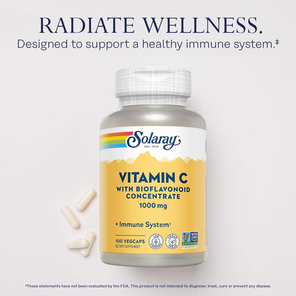SOLARAY Vitamin C 1000mg with Bioflavonoids, Rose Hips & Acerola Cherry - Immune Function Supplement, Vegan, Non-GMO, 100 VegCaps