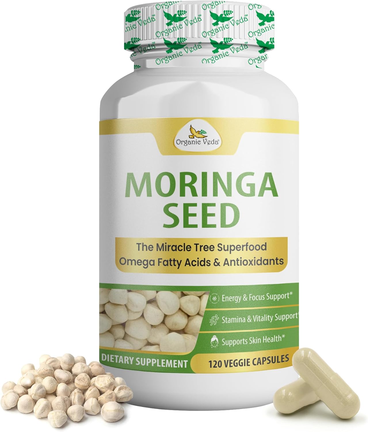 Organic Veda Moringa Seed Capsules - Omega 3-6-9, Antioxidants & Amino Acids, 120 Vegan Capsules - görsel 1