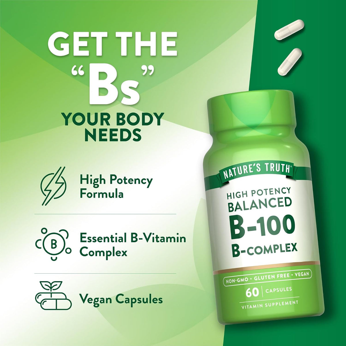 Nature's Truth Vitamin B Complex, High Potency B-100, 60 Vegan Capsules - görsel 5