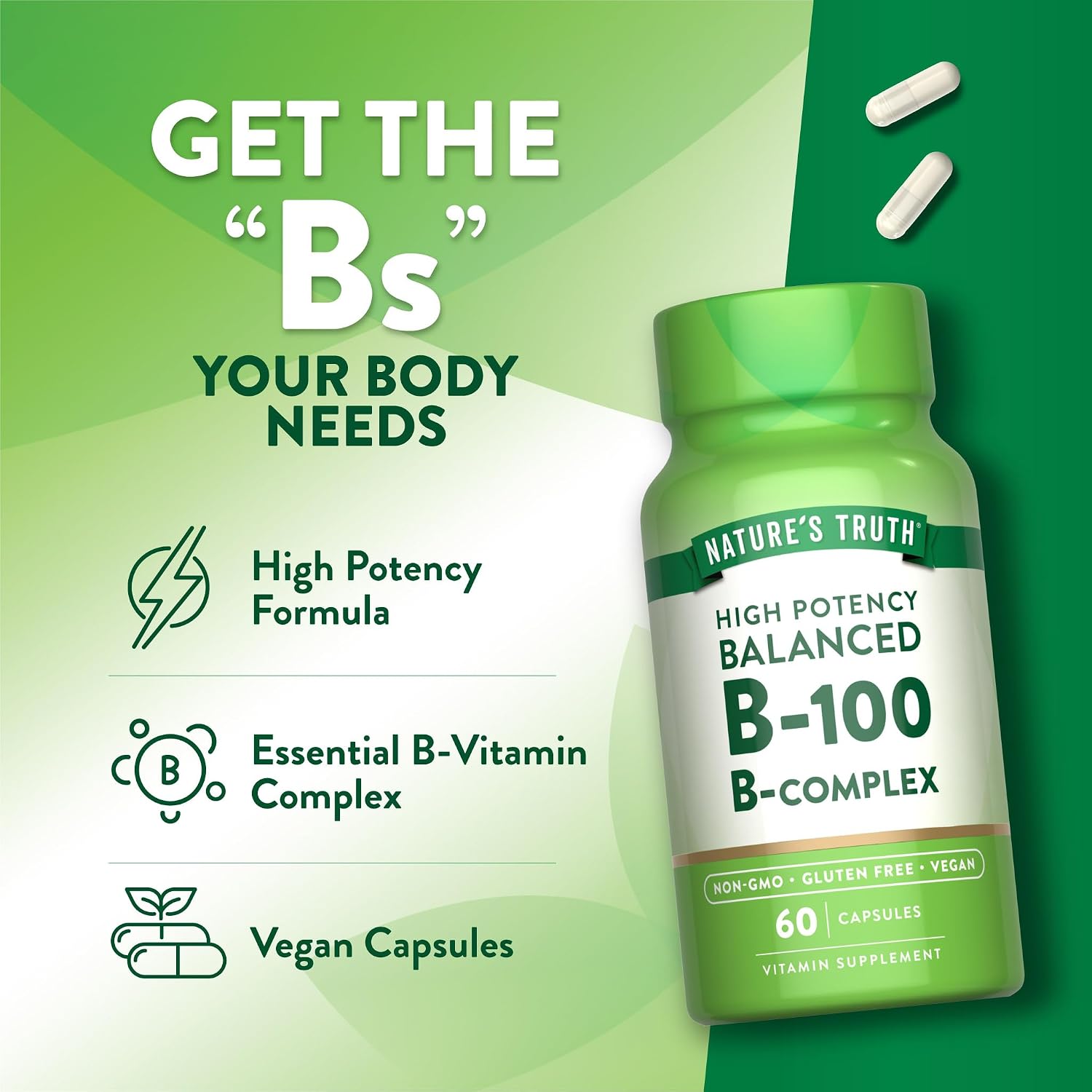 Nature's Truth Vitamin B Complex, High Potency B-100, 60 Vegan Capsules - görsel 5