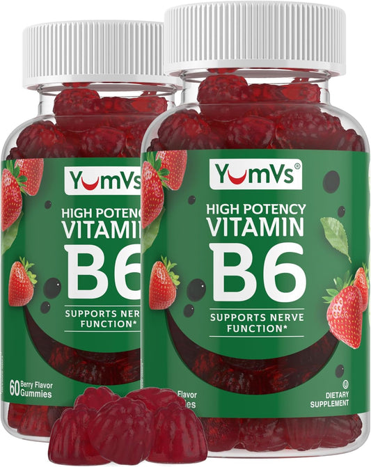 YUM-V'S Vitamin B6 Gummies – High Potency 100mg – Strawberry Flavour – Nerve & Immune Function Support – 60 Count (2 Pack)