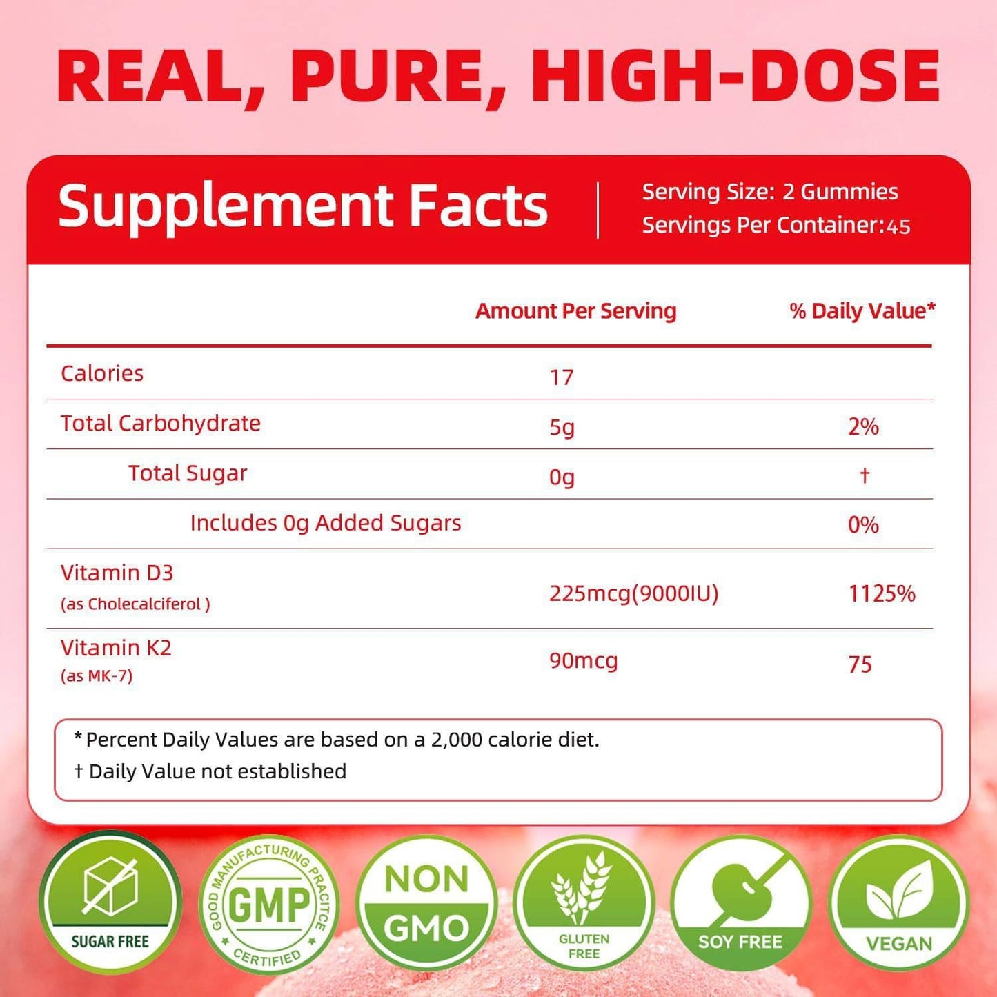 ORGMO Vitamin D3 K2 Gummies - 9000 IU D3 + 90 mcg MK-7 - Vegan, Sugar-Free, Peach Flavour - 90 Count - görsel 2
