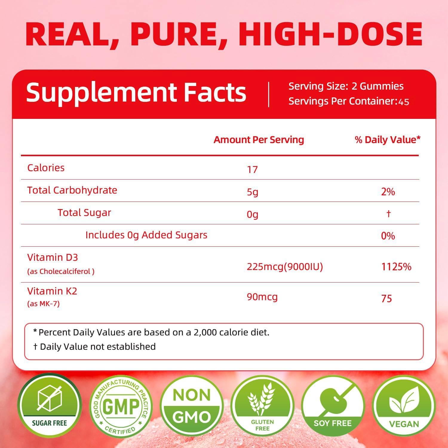 ORGMO Vitamin D3 K2 Gummies - 9000 IU D3 + 90 mcg MK-7 - Vegan, Sugar-Free, Peach Flavour - 90 Count - görsel 2