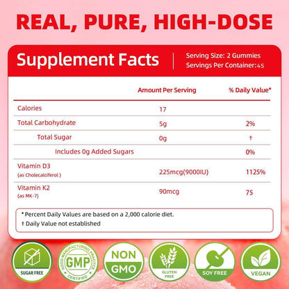 ORGMO Vitamin D3 K2 Gummies - 9000 IU D3 + 90 mcg MK-7 - Vegan, Sugar-Free, Peach Flavour - 90 Count