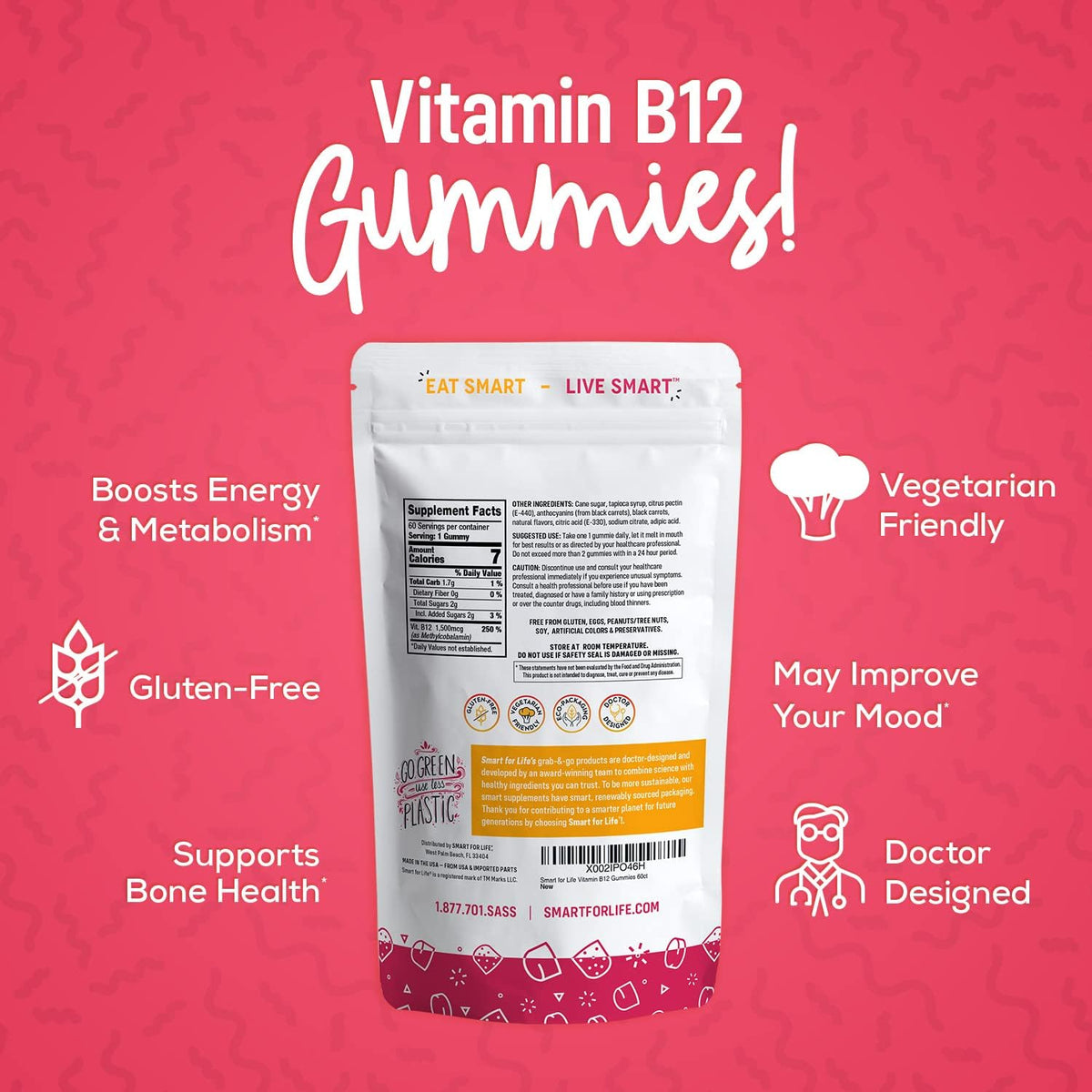 Smart for Life Vitamin B12 Gummy Vitamins, 1500 mcg – Raspberry Flavour – 60 Gummies - görsel 5