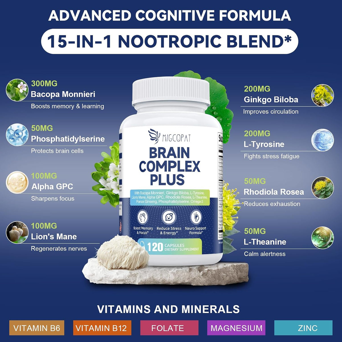 Brain Supplement for Memory & Focus - Nootropic with Bacopa Monnieri, Lion's Mane, Alpha GPC, and Phosphatidylserine - 120 Capsules - görsel 3