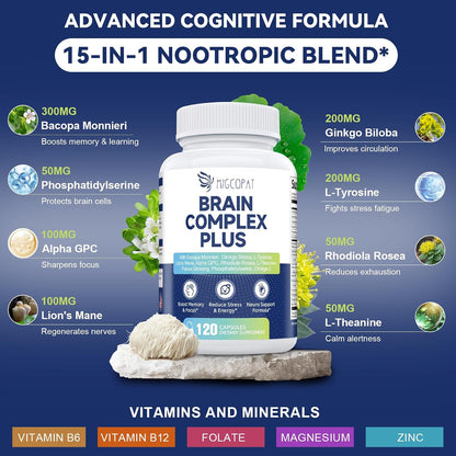 Brain Supplement for Memory & Focus - Nootropic with Bacopa Monnieri, Lion's Mane, Alpha GPC, and Phosphatidylserine - 120 Capsules