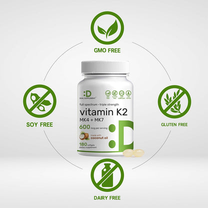 DEAL SUPPLEMENT Vitamin K2 600mcg, 180 Coconut Oil Softgels | Full Spectrum MK-7 & MK-4