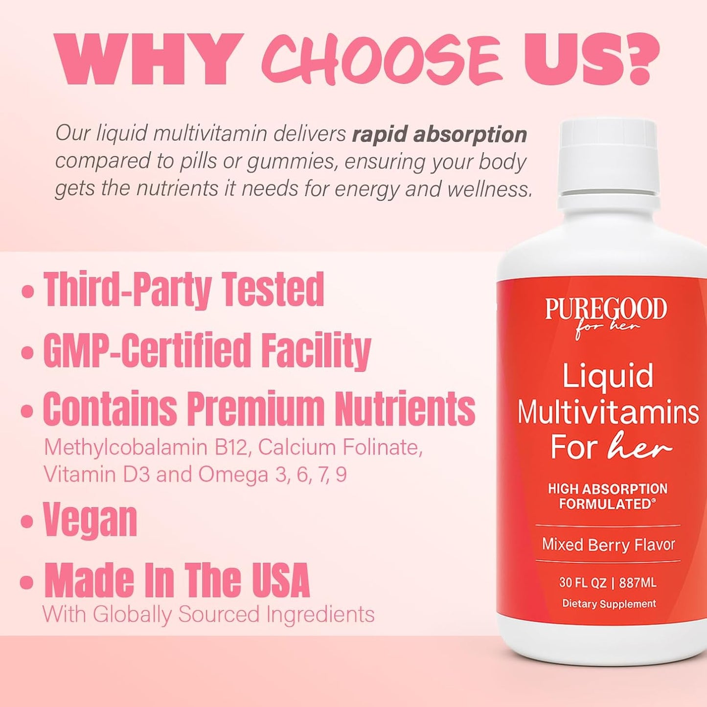 PureGood Liquid Multivitamin for Women - 70+ Nutrients, Mixed Berry, 2x900 ml - görsel 3
