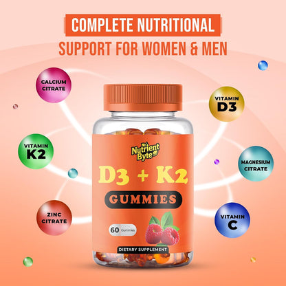 Nutrient Byte Vitamin D3 & K2 Gummies – 4000 IU D3 + 140 mcg K Blend – Immune & Bone Support – Vegan, Non-GMO & Gluten-free – 60 Berry-Flavoured Gummies – Suitable for Children
