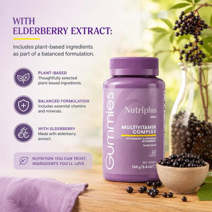 FARMASi Nutriplus Kids Gummies, Strawberry Flavour, 60 Gummies – Multivitamin for Children with Elderberry Extract, Vegan & Gelatin Free