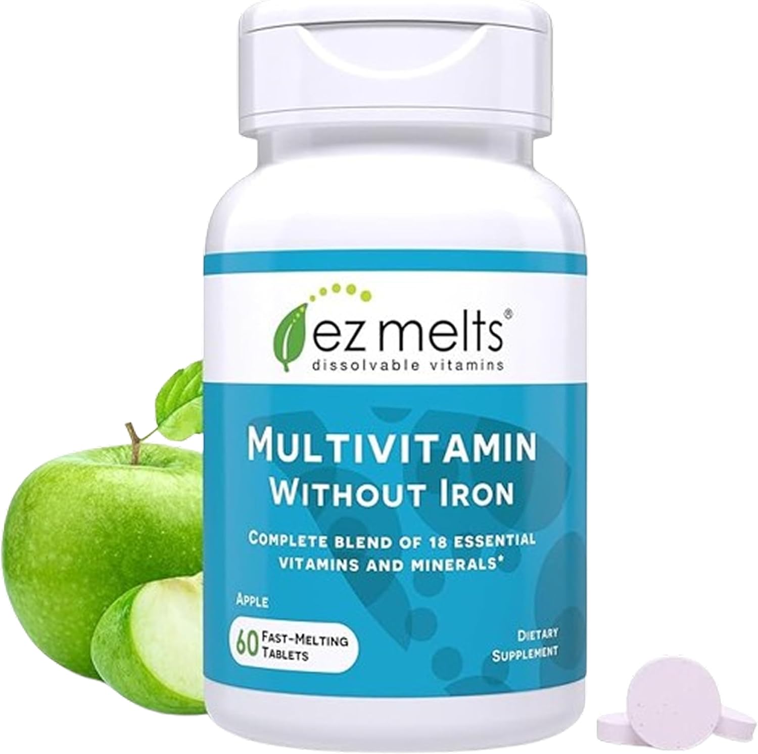 EZ Melts Multivitamin Without Iron - Dissolvable Tablets with 18 Vitamins & Minerals - Methylated B12 & Folate - Non-GMO, Vegan - Apple Flavour (60 Count) - görsel 1