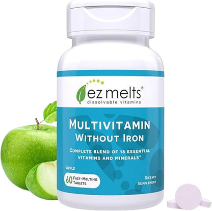 EZ Melts Multivitamin Without Iron - Dissolvable Tablets with 18 Vitamins & Minerals - Methylated B12 & Folate - Non-GMO, Vegan - Apple Flavour (60 Count)