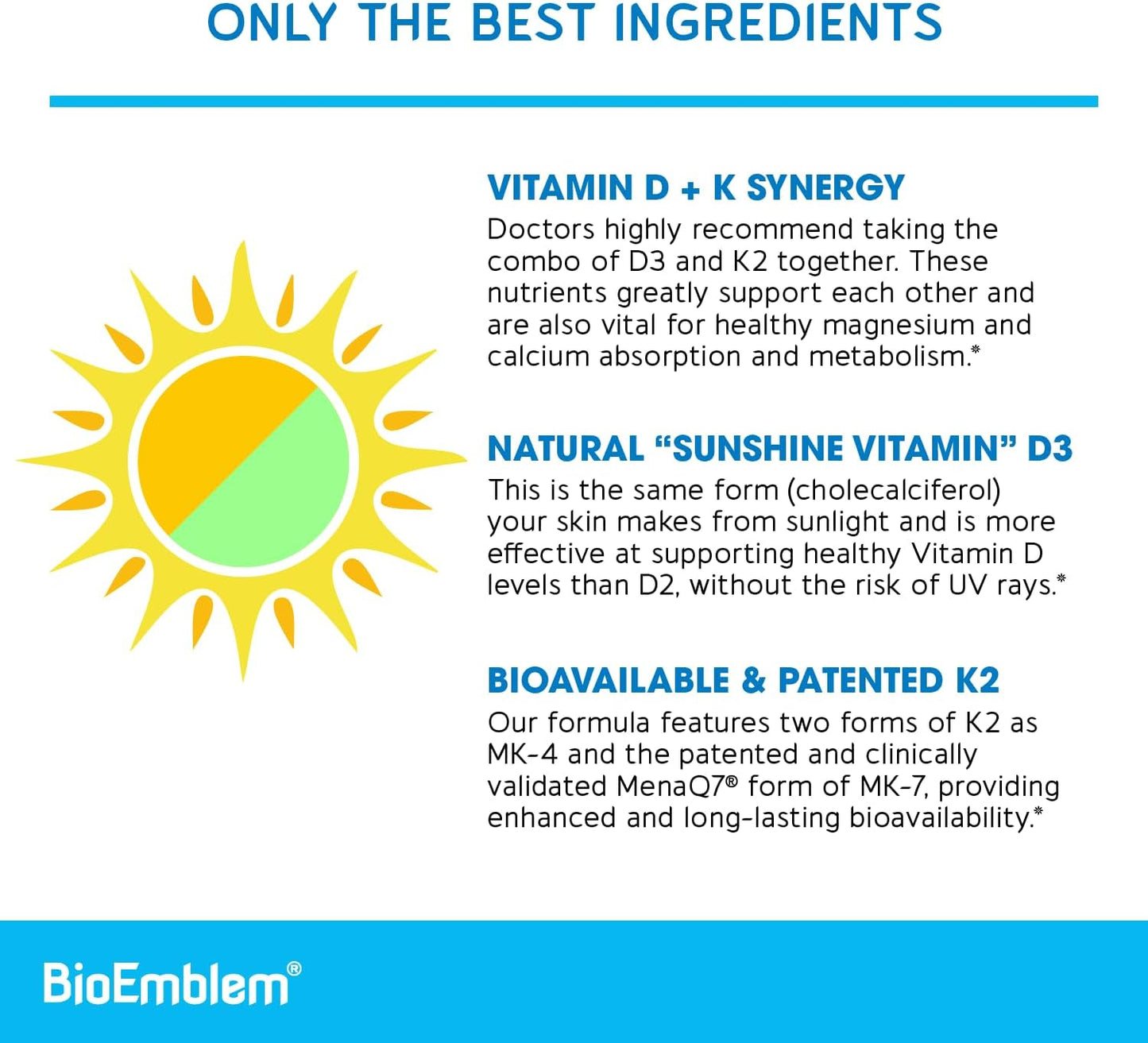 BioEmblem Vitamin D3 K2 Capsules (5000IU and 200mcg) – Patented MK7 and MK4 for Comprehensive Support – Vegetarian, Non-GMO, 90 Capsules - görsel 4