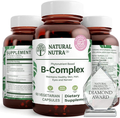 Natural Nutra Vitamin B Complex - Whole Food Supplement with B1, B2, B3, B5, B6, B7, B9, B12 - 120 Vegetarian Capsules
