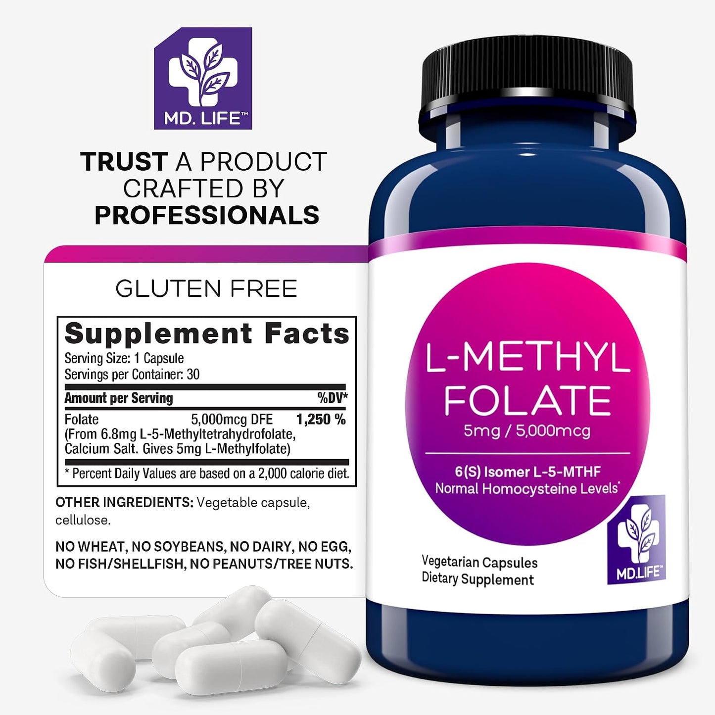 MD Life L-Methylfolate 5 mg Supplement - Professional-Grade Active Folate - 30 Capsules - görsel 6