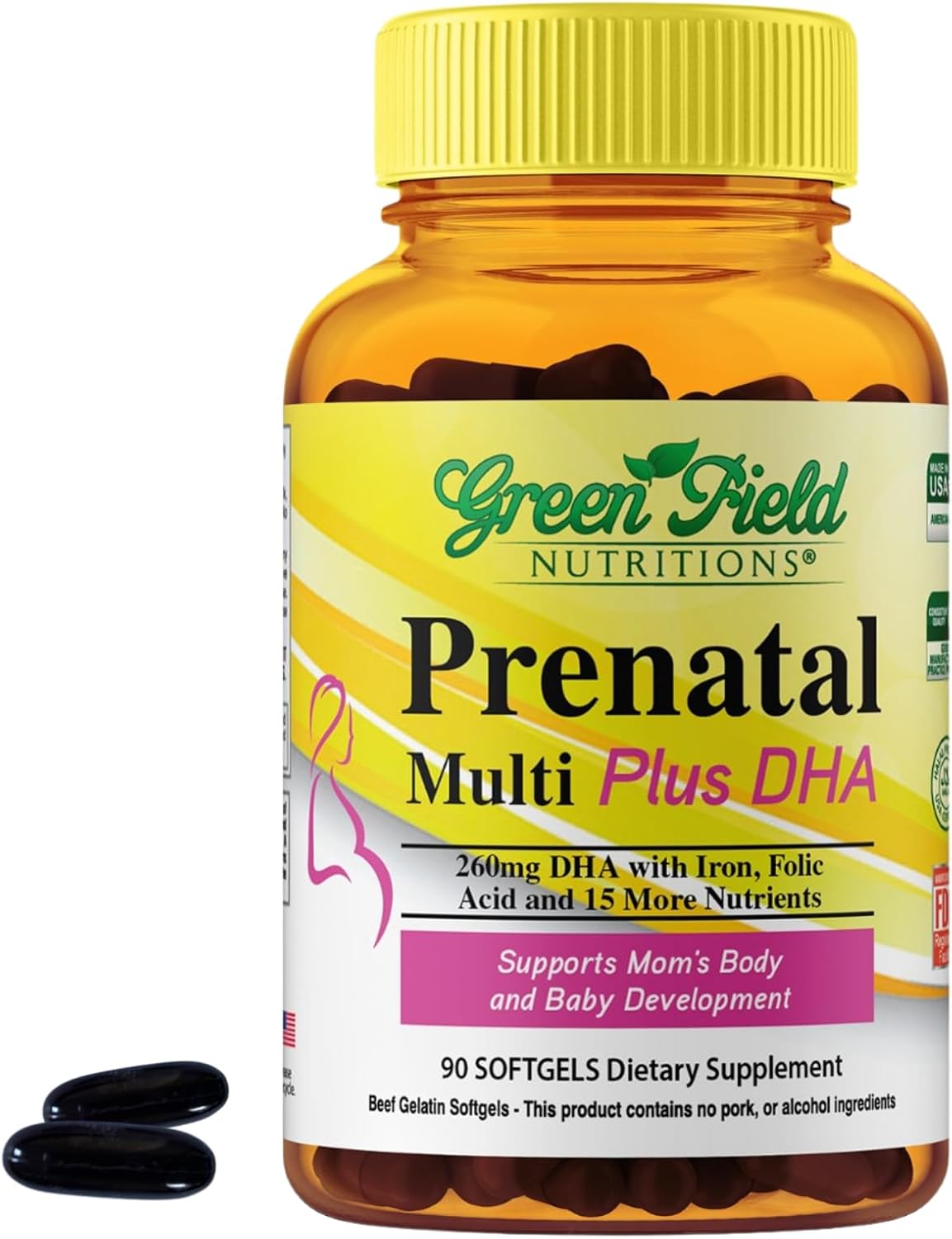 Greenfield Nutritions Halal Prenatal Vitamins with DHA and Folic Acid - 90 Liquid Soft gel capsule Capsules - görsel 1