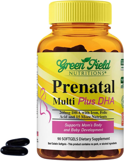 Greenfield Nutritions Halal Prenatal Vitamins with DHA and Folic Acid - 90 Liquid Soft gel capsule Capsules