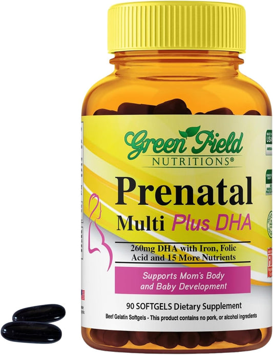 Greenfield Nutritions Halal Prenatal Vitamins with DHA and Folic Acid - 90 Liquid Soft gel capsule Capsules