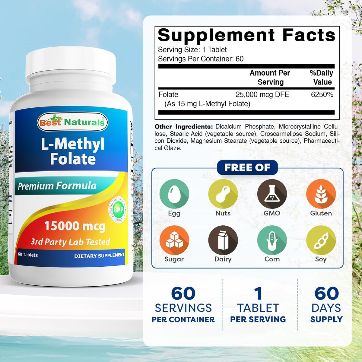Best Naturals Methyl Folate 15000 mcg (15 mg) - Highly Bio-available 5-MTHF, 60 Tablets - görsel 2