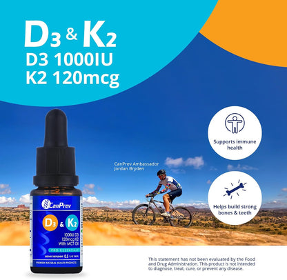 CanPrev D3 & K2 Drops - 250 IU vitamin D3 & 30 mcg MK-7 vitamin K2 per drop, MCT oil base, 15 ml