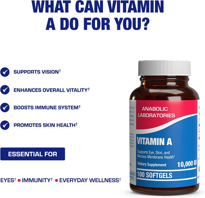Vitamin A 10000 IU Soft gel capsules - Clinical Formula from Cod Liver Oil with Broad Spectrum Retinoids - 100 Soft gel capsules