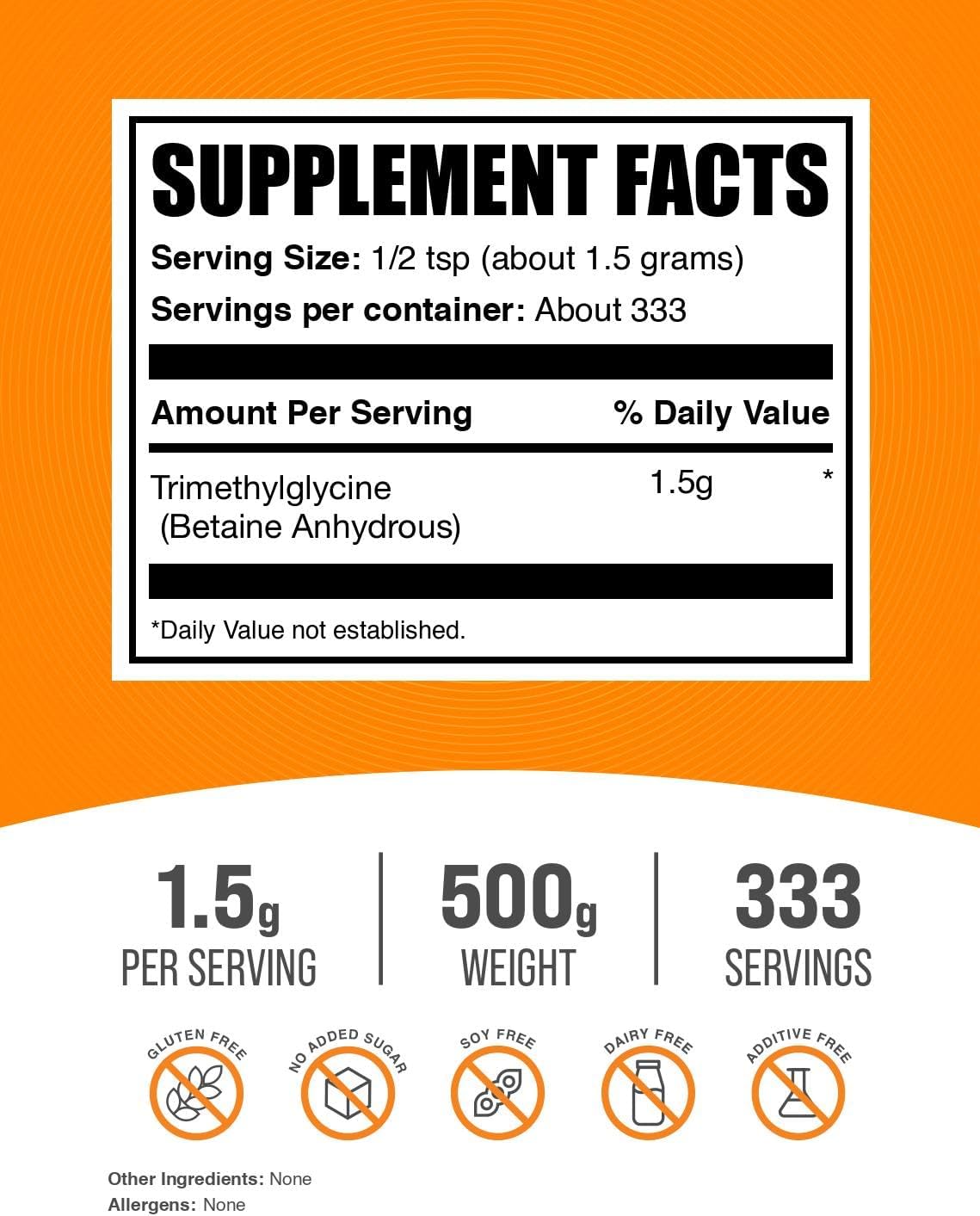 BulkSupplements.com Betaine Anhydrous Powder - Trimethylglycine, TMG Supplements, TMG Powder - Betaine TMG - Gluten-free, 1500mg per Serving, 500g - görsel 2