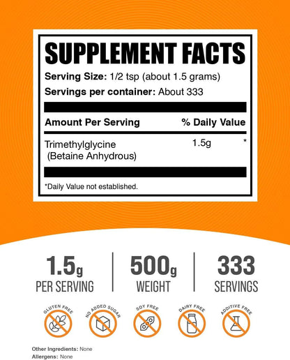 BulkSupplements.com Betaine Anhydrous Powder - Trimethylglycine, TMG Supplements, TMG Powder - Betaine TMG - Gluten-free, 1500mg per Serving, 500g