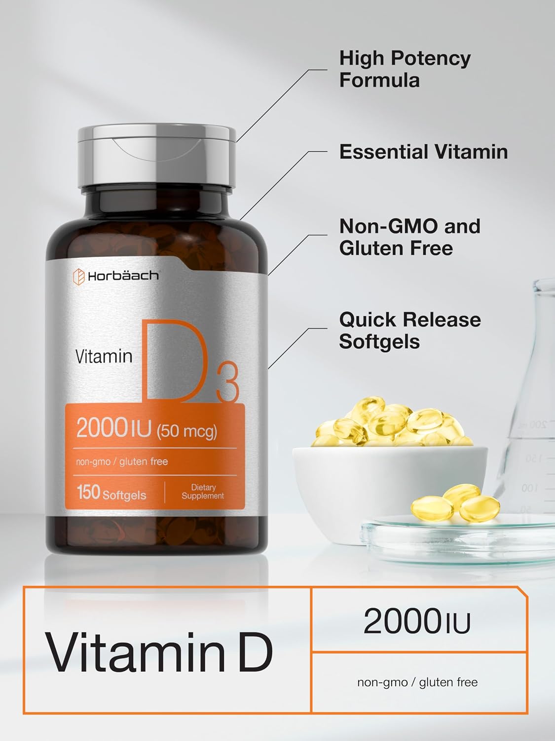Horbaach Vitamin D3 2000 IU Softgels | 150 Count | Cholecalciferol Supplement - görsel 4