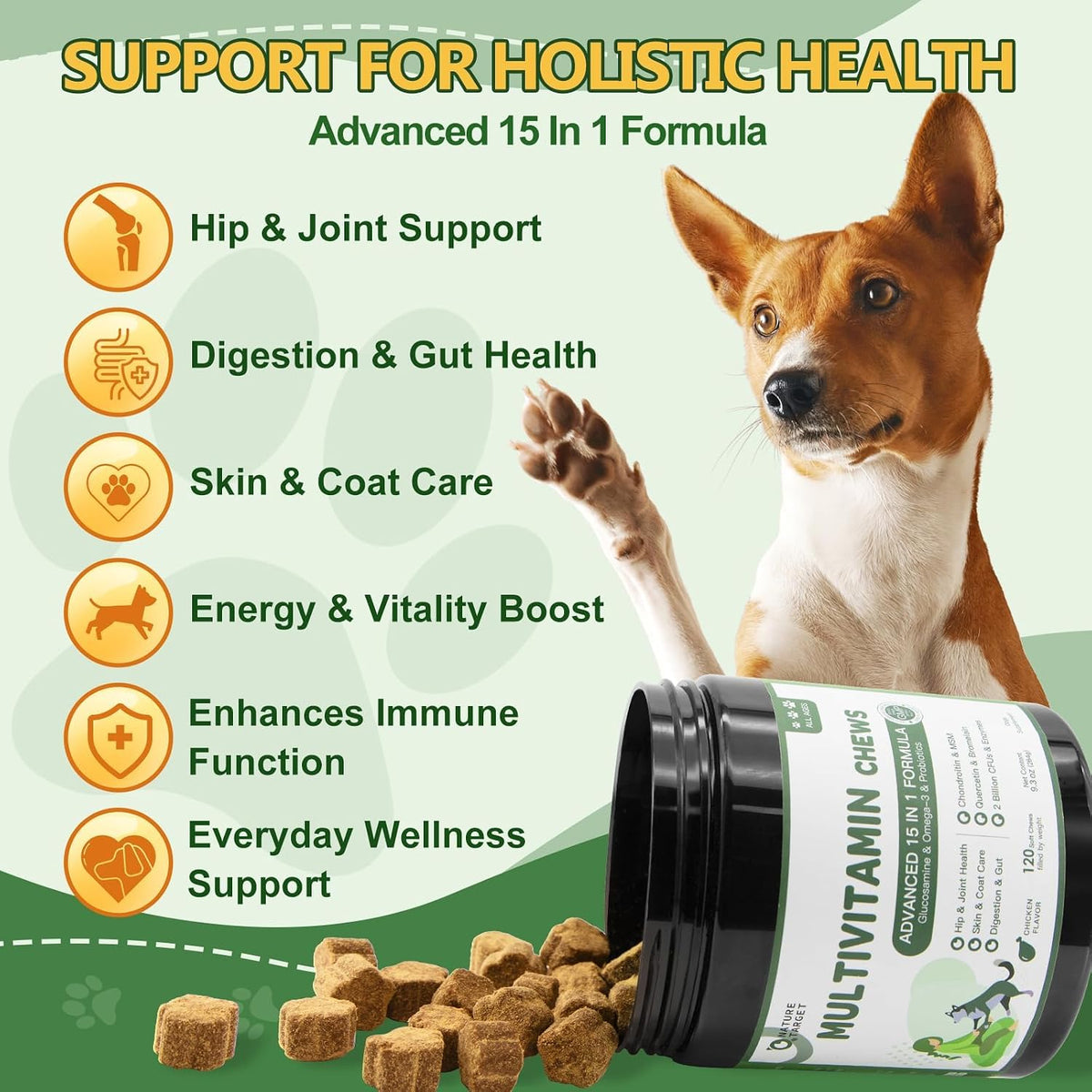 NATURE TARGET Multivitamin for Dogs – with MSM & Glucosamine, Omegas 3 & 6, Probiotics for Digestive Health, Joint Support, Skin & Coat, Immune System & Overall Health, 120 Soft Chews - görsel 2
