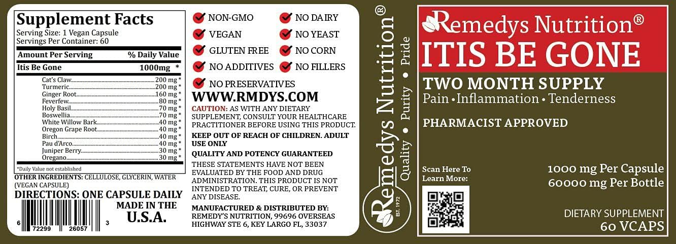 Remedy's Nutrition Itis Be Gone - 1000mg Herbal Supplement, 60 Vegan Capsules - görsel 9