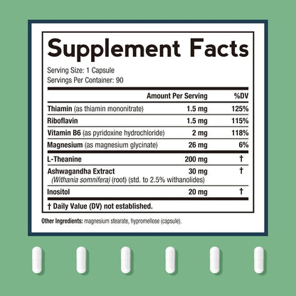 Doctor's Recipes L-Theanine 200mg with Magnesium Glycinate, Ashwagandha, Inositol, B6, B1, B2 - Calm and Focus Support, Vegan, 90 Capsules