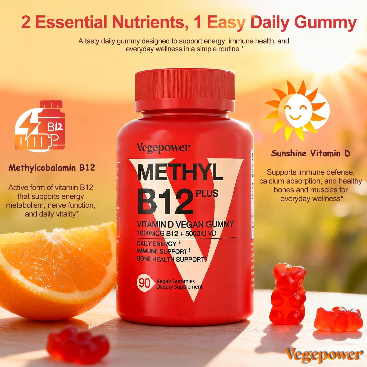 Vegan Vitamin D3 & B12 Gummies, Methyl B12 Supplement for Adults & Children, Enhanced with Vitamin D3 for Natural Energy, Immune Support, Metabolism, and Focus, Orange Flavour, 90 Gummies - görsel 2
