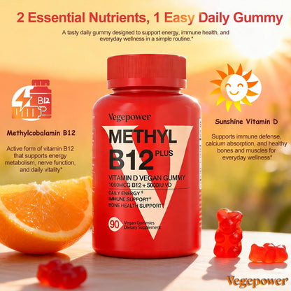 Vegan Vitamin D3 & B12 Gummies, Methyl B12 Supplement for Adults & Children, Enhanced with Vitamin D3 for Natural Energy, Immune Support, Metabolism, and Focus, Orange Flavour, 90 Gummies