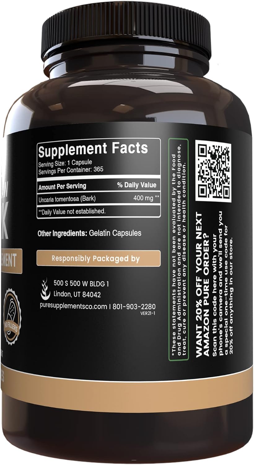 Pure Original Ingredients Cat's Claw Bark (365 Capsules) No Magnesium Stearate or Rice Flour Fillers, Always Pure, Lab Verified - görsel 4