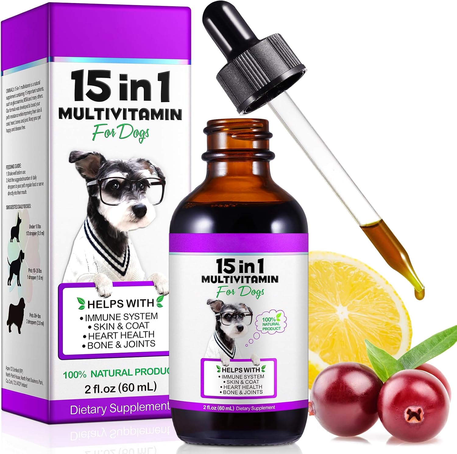 15 in 1 Dog Multivitamin Liquid Drops - Vitamins for Heart, Joints, Skin & Coat, Urinary Tract, Immune Support (60 ml) - görsel 1