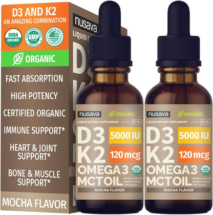 (2 Pack) Organic Vitamin D3 K2 Drops with MCT Oil & Omega 3 - Liquid Vitamin D3 5000 IU - K2 D3 Vitamin Supplement - Vitamin D Drops for Women & Men - No Fillers, Non-GMO, GMP, Mocha Flavour (2 Fl Oz)