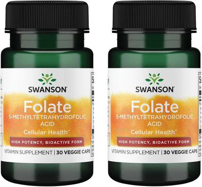 Swanson Folate 5-Methyltetrahydrofolic Acid – High Potency, Bioactive Form 800 mcg DFE 30 Veg Caps (2 Pack)