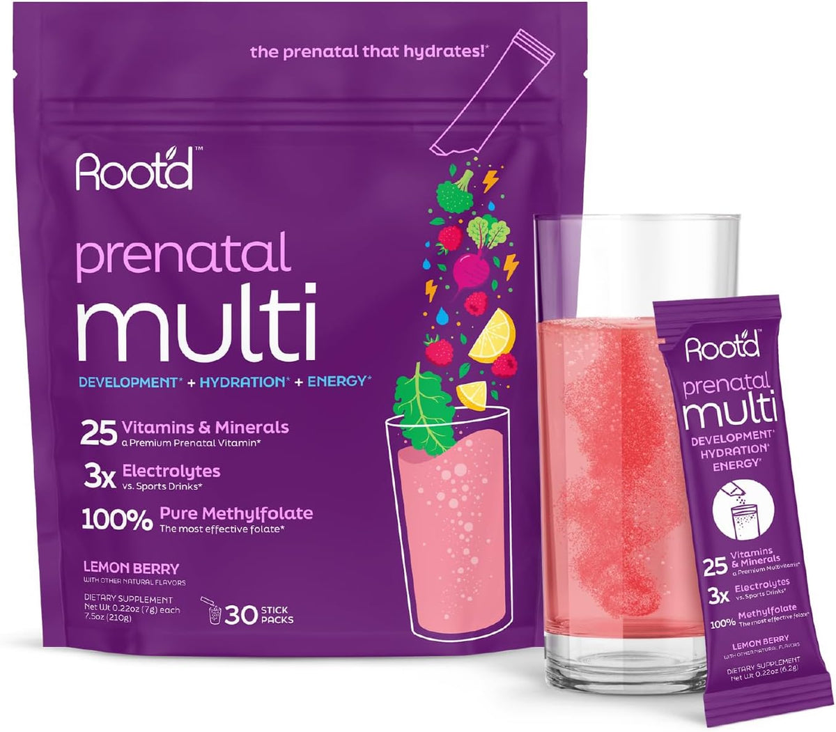 Root'd Prenatal Multivitamin Powder - 25 Vitamins & Minerals with Electrolytes, Folate, Iron, D3, Superfoods & Probiotics, Sugar-Free | 30 Sachets - görsel 1