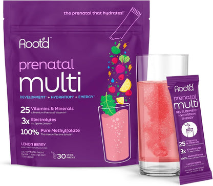 Root'd Prenatal Multivitamin Powder - 25 Vitamins & Minerals with Electrolytes, Folate, Iron, D3, Superfoods & Probiotics, Sugar-Free | 30 Sachets