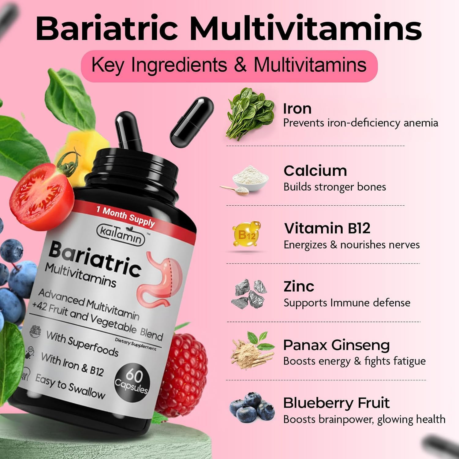 Kaitamin Bariatric Vitamins for Gastric Sleeve & Bypass with Iron, 60 Capsules - görsel 2