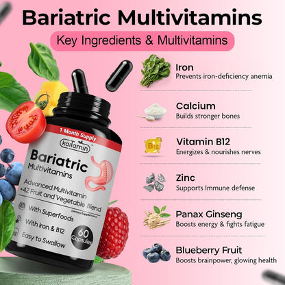 Kaitamin Bariatric Vitamins for Gastric Sleeve & Bypass with Iron, 60 Capsules