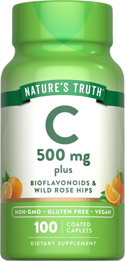 Nature's Truth Vitamin C with Rose Hips and Bioflavonoids | 500 mg | 100 Caplets | Vegan, Non-GM & Gluten-free